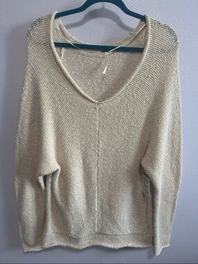 Free People Open Knit V-Neck Sweater in Cream
